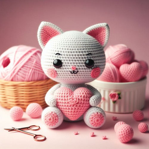 Crochet Cat with Heart Amigurumi Pattern Free