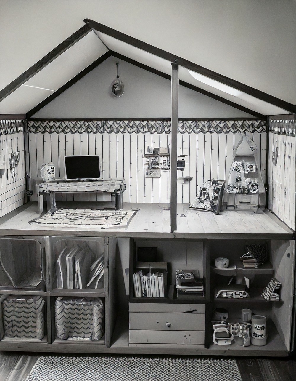 Monochrome Doodled Dollhouse Interior