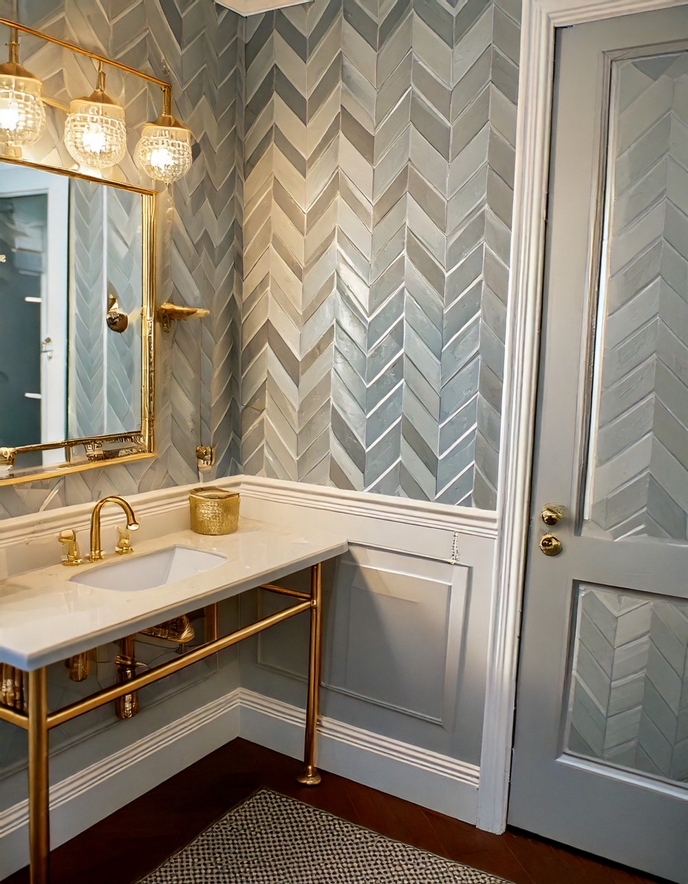 Glamorous Gold Accents Elevate Subtle Chevron Walls
