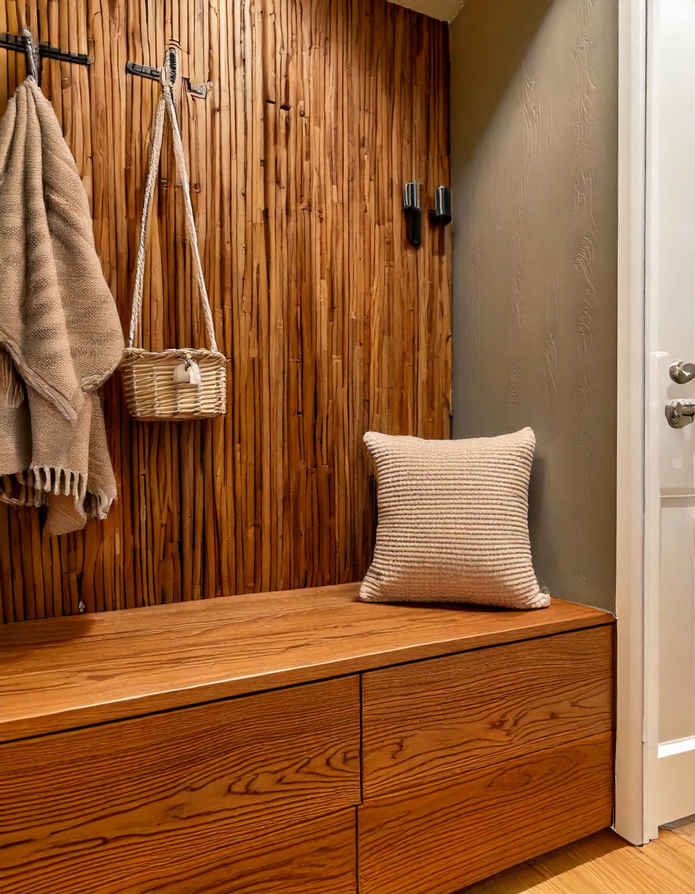 Warm Oak Accent Creates Cozy Entryway Nook